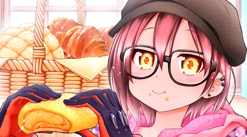 1girl bangs basket blush bread brown_eyes brown_hair brown_headwear closed_mouth commentary_request danish_pastry ear_piercing eating food food_on_face hair_between_eyes hands_up hat highres holding holding_food hololive looking_at_viewer ooranokohaku piercing roboco-san short_hair smile solo virtual_youtuber