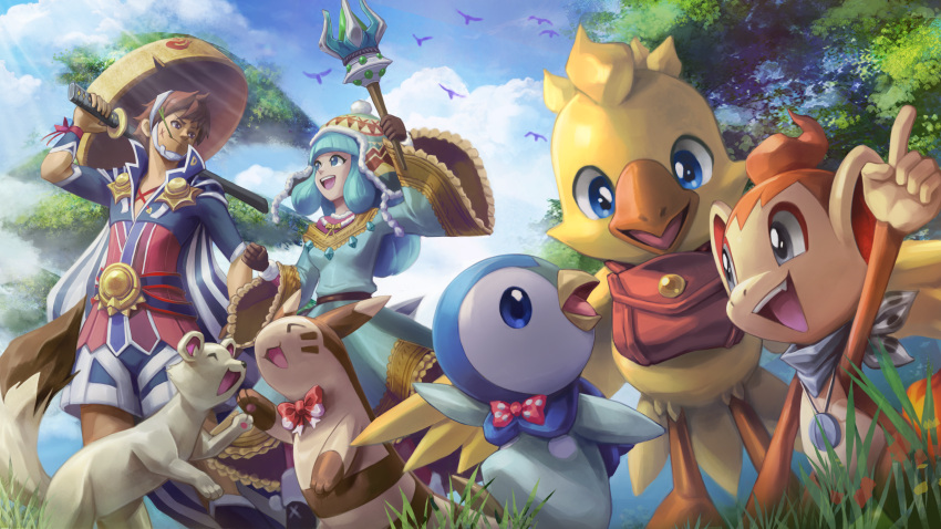 1boy 1girl ^_^ absurdres arm_up bag bandana bangs belt bird blue_cape blue_dress blue_eyes blue_hair blue_shirt blue_shorts blue_sky blunt_bangs bow bowtie breasts brown_gloves brown_hair cape charmander chin_strap chocobo chocobo_no_fushigi_na_dungeon closed_eyes closed_mouth clothed_pokemon clouds commentary commission coppa cross_scar crossover day dress english_commentary eye_contact facial_mark fang final_fantasy final_fantasy_fables fur-trimmed_headwear furret fushigi_no_dungeon fuurai_no_shiren gloves grass grey_bandana grey_eyes hand_up happy highres holding holding_sword holding_wand holding_weapon index_finger_raised jewelry katana koriarredondo light_rays long_hair long_sleeves looking_at_another mouth_hold multicolored_clothes multicolored_headwear necklace open_mouth outdoors outstretched_arm over_shoulder pawpads piplup pointing pointing_up pokemon pokemon_(creature) pokemon_(game) pokemon_mystery_dungeon polka_dot polka_dot_bow pom_pom_(clothes) red_bow red_bowtie rune_master_(sekaiju) rune_master_2_(sekaiju) sandogasa scar scar_on_cheek scar_on_face sekaiju_to_fushigi_no_dungeon sheath sheathed shiren_(fuurai_no_shiren) shirt short_hair short_sleeves shorts sky small_breasts smile stalk_in_mouth striped_cape sunlight sword teeth tree undershirt v-shaped_eyebrows violet_eyes wand weapon weapon_over_shoulder whisker_markings wide_sleeves
