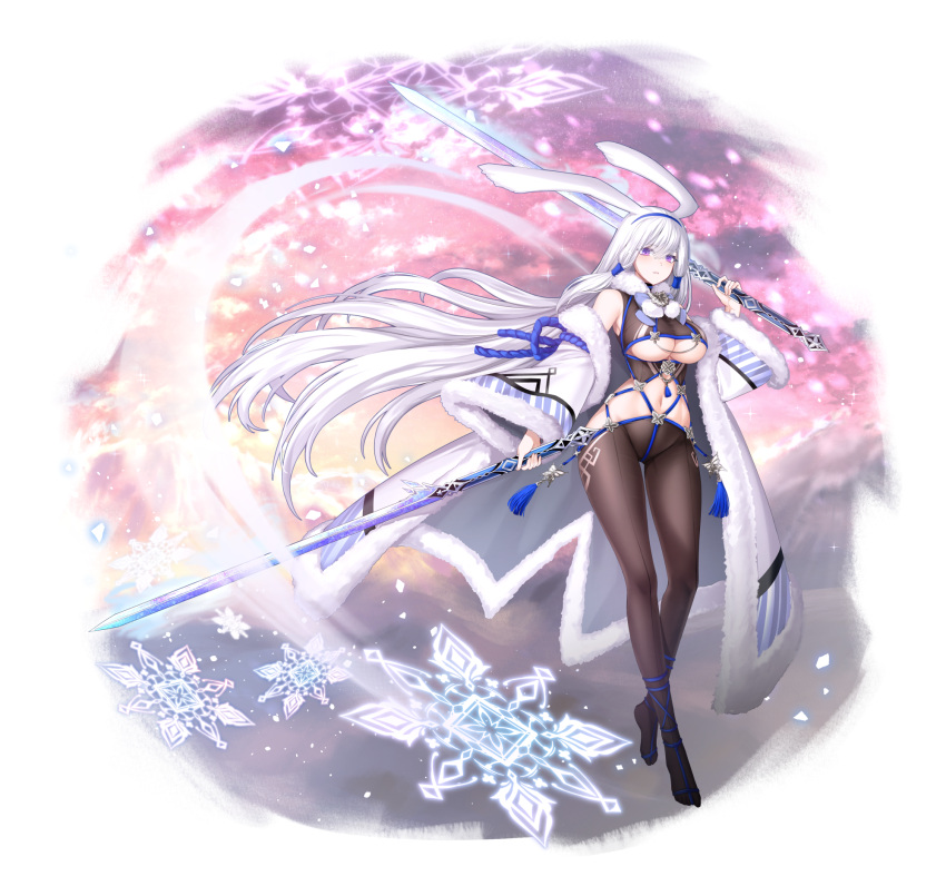 1girl animal_ears bangs bindong blue_hairband blue_rope breasts brown_legwear bug butterfly coat contrapposto dual_wielding eyebrows_visible_through_hair floating full_body fur_coat fur_collar hairband highres holding holding_sword holding_weapon large_breasts long_hair looking_at_viewer navel original pantyhose parted_lips rabbit_ears revealing_clothes rope shibari shimenawa sidelocks snowflakes solo star_(sky) stomach sword under_boob very_long_hair violet_eyes weapon white_coat white_hair wind