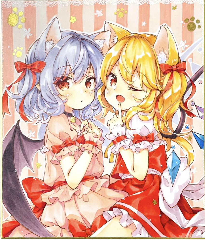 2girls animal_ear_fluff animal_ears back_bow bangs bat_wings bell black_choker blonde_hair blue_hair bow cat_day cat_ears choker commentary_request crystal fang flandre_scarlet hair_bow hands_up highres kemonomimi_mode long_hair looking_at_viewer mimi_(mimi_puru) multiple_girls neck_bell no_hat no_headwear one_eye_closed one_side_up open_mouth pink_background pink_shirt pink_skirt pointy_ears red_bow red_eyes red_skirt red_vest remilia_scarlet shikishi shirt short_sleeves siblings sisters skin_fang skirt smile striped striped_background touhou traditional_media upper_body vest white_bow white_shirt wings wrist_cuffs