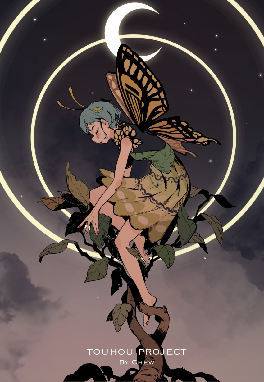 1girl antennae aqua_hair bad_anatomy bad_leg barefoot blush butterfly_wings chenwei_jun closed_eyes copyright_name dress eternity_larva fairy green_dress highres leaf leaf_on_head multicolored_clothes multicolored_dress open_mouth short_hair short_sleeves solo touhou wings