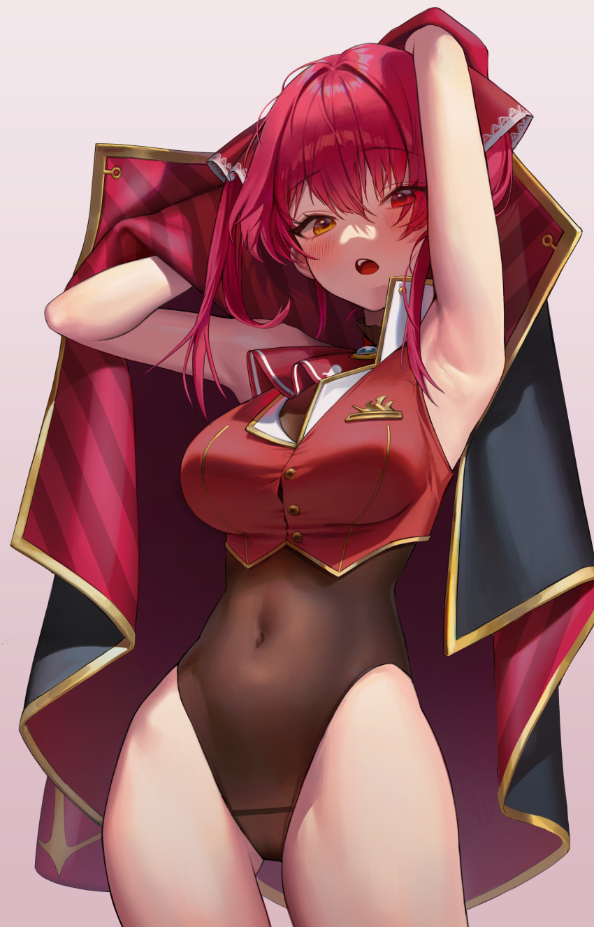 1girl :o absurdres armpits arms_up ascot ass_visible_through_thighs bare_shoulders breasts brown_leotard covered_navel cowboy_shot crop_top crotch_seam gold_trim highleg highleg_leotard highres holding hololive houshou_marine large_breasts leotard long_hair looking_at_viewer open_mouth orange_eyes red_eyes red_shirt redhead shirt sleeveless sleeveless_shirt solo standing thighs twintails virtual_youtuber xi_xeong