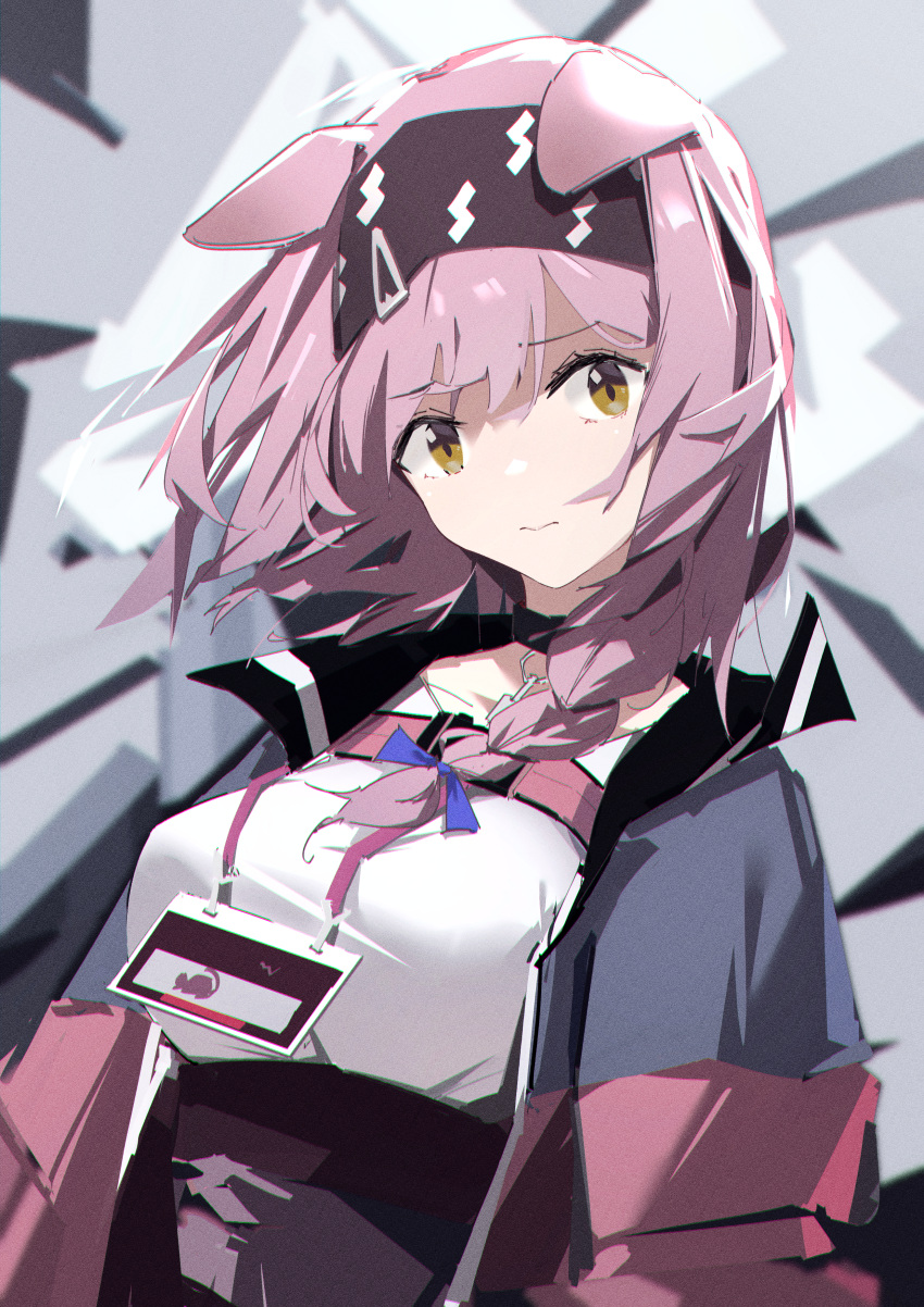 1girl 3: abstract_background absurdres animal_ears arknights bangs black_choker black_hairband blue_ribbon braid breasts cat_ears chichi_guai choker closed_mouth eyebrows_visible_through_hair goldenglow_(arknights) hair_ribbon hairband highres id_card jacket large_breasts lightning_bolt_print long_hair looking_at_viewer open_clothes open_jacket pink_hair pink_jacket ribbon shirt single_braid solo underbust upper_body white_shirt yellow_eyes