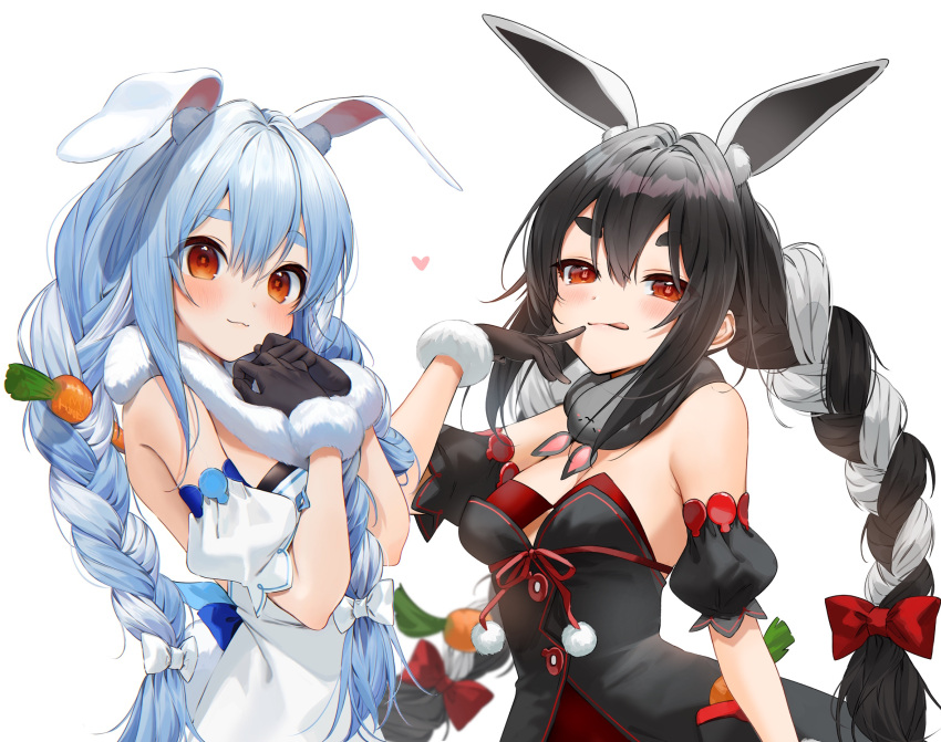 2girls :p alternate_color alternate_hair_color animal_ear_fluff animal_ears bangs bare_shoulders black_dress black_gloves black_hair blue_hair blush bow braid carrot_hair_ornament closed_mouth commentary detached_sleeves don-chan_(usada_pekora) dress dual_persona finger_to_mouth fingerless_gloves food-themed_hair_ornament fur_scarf gloves gotoh510 hair_bow hair_ornament heart highres hololive long_hair multicolored_hair multiple_girls own_hands_together puffy_short_sleeves puffy_sleeves rabbit_ears red_bow red_eyes short_sleeves simple_background symbol-only_commentary thick_eyebrows tongue tongue_out twin_braids twintails two-tone_hair upper_body usada_pekora very_long_hair virtual_youtuber white_background white_bow white_dress white_hair