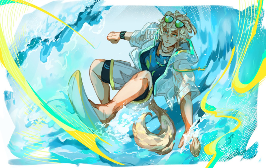 1boy animal_ears arknights artist_name augichii bishounen blonde_hair blue_shirt dog_boy dog_ears dog_tail eyewear_on_head male_focus shirt short_hair solo sunglasses surfboard surfing tail tequila_(arknights) tinted_eyewear waves