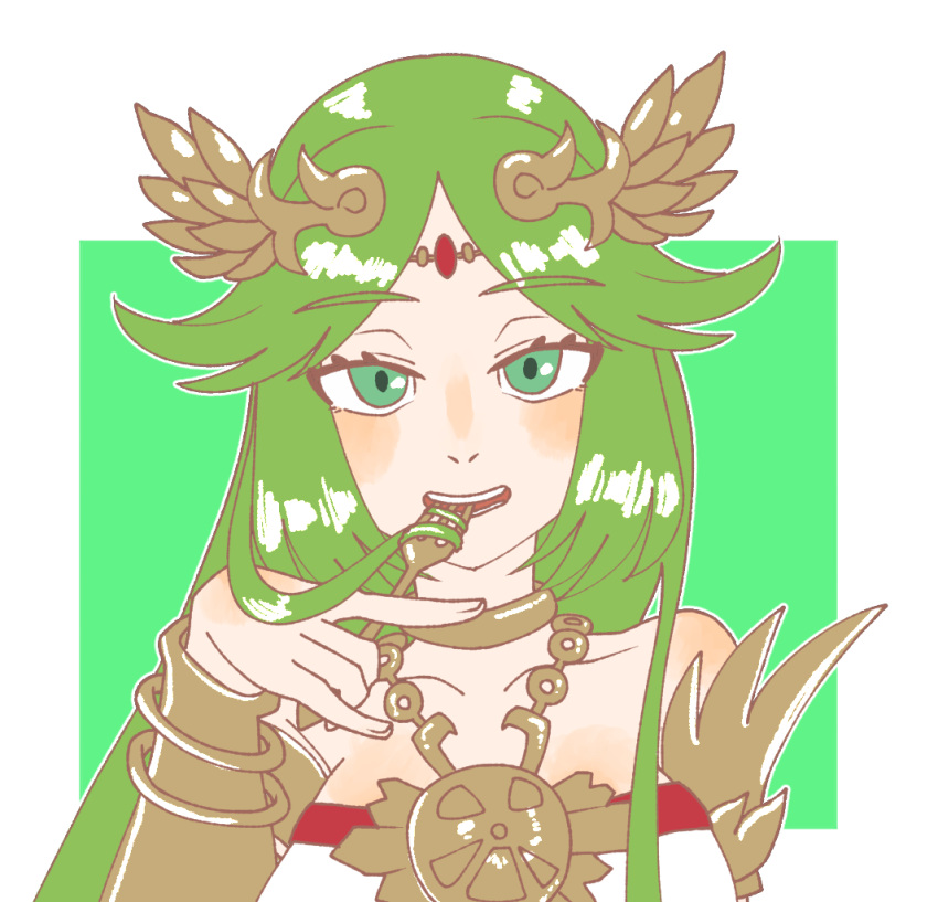 1girl abababu000 bangs bare_shoulders blush bracelet breasts choker commission commissioner_upload dress eating_hair eyebrows_visible_through_hair fork green_eyes green_hair jewelry kid_icarus kid_icarus_uprising long_hair looking_at_viewer necklace open_mouth palutena parted_bangs pendant simple_background skeb_commission sleeveless sleeveless_dress smile solo strapless strapless_dress upper_body very_long_hair white_dress