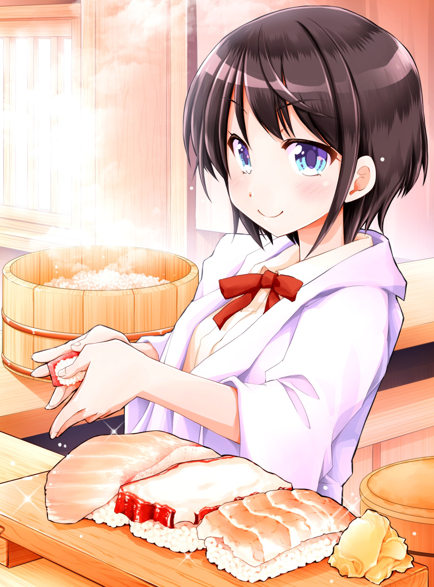 1girl absurdres bangs blue_eyes blush bow bowtie brown_hair closed_mouth commentary_request eyebrows_visible_through_hair food highres holding holding_food hololive indoors jacket long_sleeves looking_at_viewer ooranokohaku oozora_subaru open_clothes open_jacket purple_jacket red_bow red_bowtie short_hair smile solo sushi upper_body virtual_youtuber