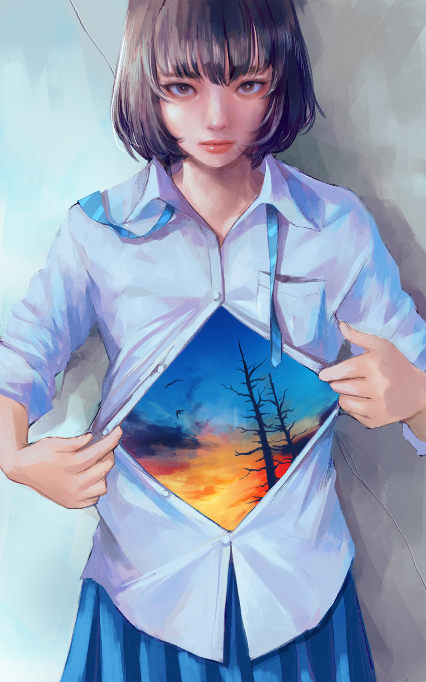 1girl bird blue_ribbon blue_skirt breast_pocket brown_eyes brown_hair closed_mouth collared_shirt commentary double_exposure english_commentary highres looking_at_viewer neck_ribbon original partially_unbuttoned pleated_skirt pocket ribbon shirt short_hair short_sleeves skirt solo sunset tree undone_neck_ribbon upper_body wataboku white_shirt