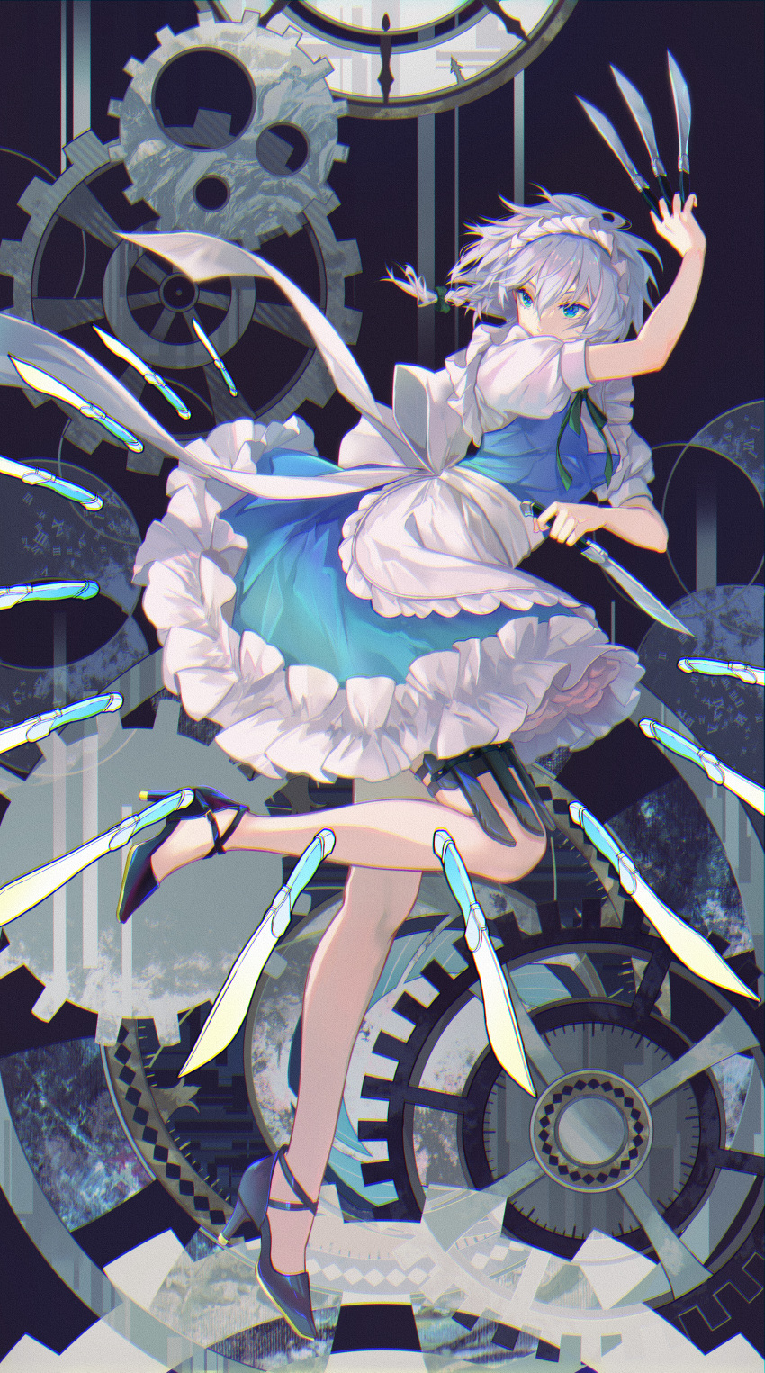 1girl absurdres apron bare_legs black_footwear blue_dress blue_eyes braid breasts covering_mouth dress eyebrows_visible_through_hair frilled_skirt frills gears green_neckwear hair_between_eyes hair_ribbon high_heels highres holding holding_knife holster izayoi_sakuya knife knives_between_fingers kyusoukyu looking_to_the_side maid_apron maid_headdress puffy_short_sleeves puffy_sleeves ribbon roman_numeral short_hair short_sleeves silver_hair skirt small_breasts thigh_holster touhou tress_ribbon twin_braids