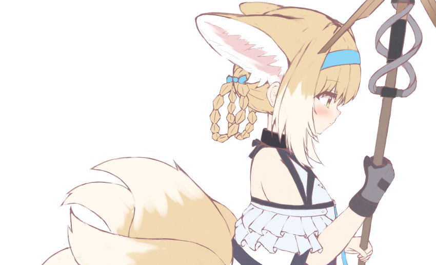 1girl animal_ears arknights bare_shoulders black_gloves blue_hairband blush braid chrocatz dress extra_ears eyebrows_visible_through_hair fox_ears fox_tail from_side gloves green_eyes hairband highres kitsune looking_down multiple_tails profile short_hair sidelocks simple_background single_glove solo suzuran_(arknights) tail upper_body white_background white_dress