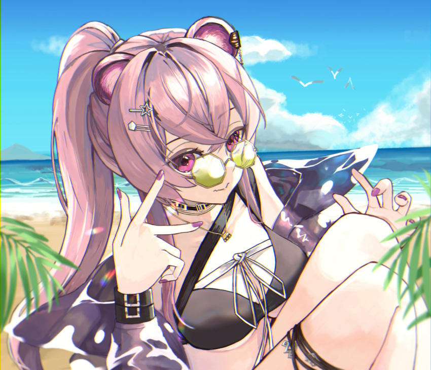 1girl absurdres animal_ears arknights beach bird black_choker blue_sky breasts choker clouds hair_between_eyes hair_ornament hairclip highres jacket jewelry knees_up lin_yuhsia_(arknights) long_sleeves mouse_ears necklace off_shoulder official_alternate_costume outdoors pink_eyes pink_hair ponytail purple_jacket sand see-through sitting sky small_breasts solo star_(symbol) star_hair_ornament sunglasses thigh_strap tinted_eyewear under_boob w water yuki_(nanao_yuki)