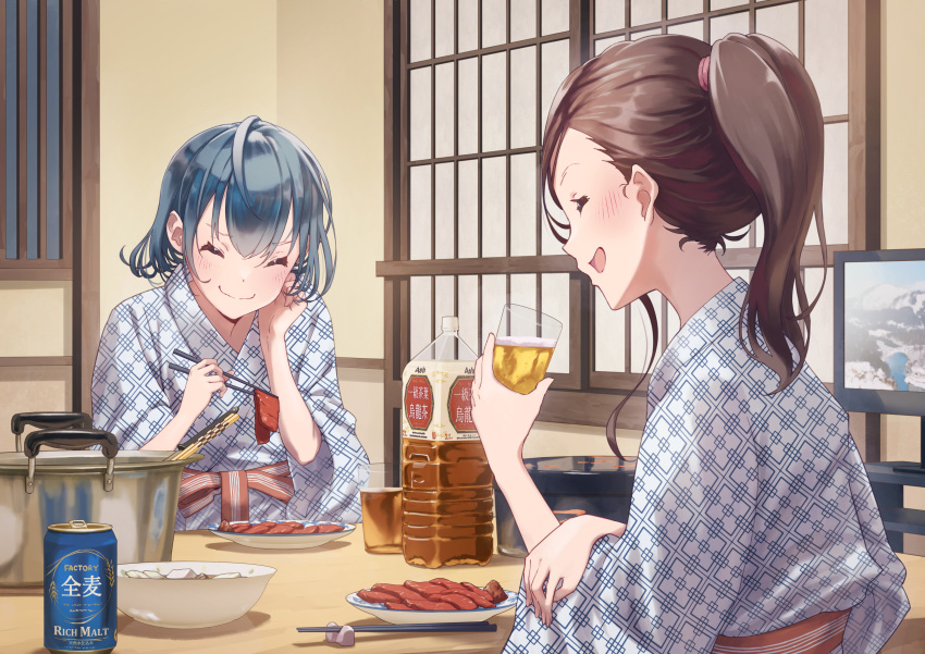 2girls absurdres alcohol beer beer_can blue_hair blush bottomless brown_hair can chopstick_rest chopsticks closed_eyes closed_mouth commentary_request cup drink drinking_glass food highres holding holding_chopsticks holding_drink iced_tea indoors japanese_clothes kimono long_hair meat michinoku_(hiking_miusan18) multiple_girls obi original plate ponytail print_kimono sash shouji sliding_doors smile television white_kimono yukata