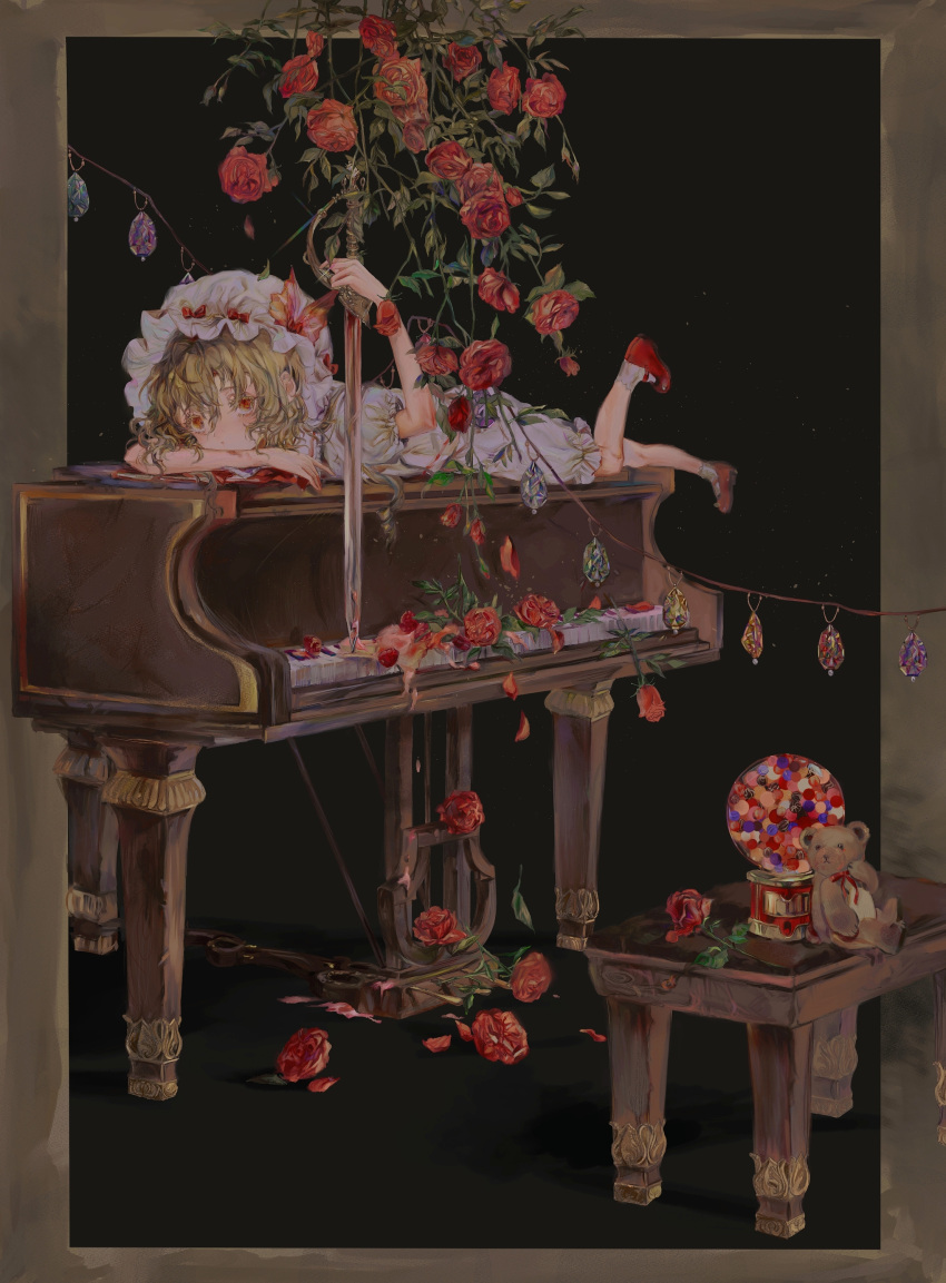 1girl :/ absurdres adapted_costume blonde_hair bloomers blush bow candy closed_mouth collared_shirt commentary crystal eyebrows_behind_hair flandre_scarlet flower food full_body hand_up hat hat_bow head_rest highres holding holding_sword holding_weapon instrument leaf looking_at_viewer lying on_stomach petals piano piano_bench puffy_short_sleeves puffy_sleeves red_bow red_eyes red_flower red_footwear red_rose ribbon-trimmed_headwear ribbon_trim rose rose_petals shirt shoes short_hair short_sleeves socks solo stuffed_animal stuffed_toy sword teddy_bear touhou underwear vending_machine weapon white_bloomers white_headwear white_legwear white_shirt wings yinyong_yu