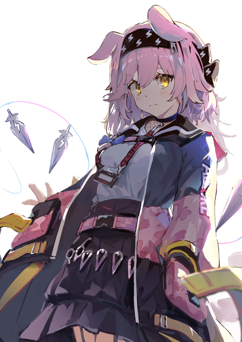 1girl animal_ears arknights bangs black_choker black_hairband black_skirt blue_bow blush bow braid breasts cat_ears choker closed_mouth cowboy_shot eyebrows_visible_through_hair floating floating_object garter_straps goldenglow_(arknights) hair_between_eyes hair_bow hairband high-waist_skirt highres id_card jacket lightning_bolt_print long_sleeves looking_at_viewer medium_breasts multicolored_clothes multicolored_jacket open_clothes open_jacket scissors side_braid simple_background sinsou_11 skirt solo white_background yellow_eyes