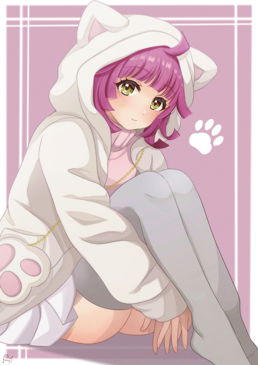 1girl absurdres ahoge animal_hood arms_on_knees bangs blunt_bangs blush border cat_hood closed_mouth commentary_request eyebrows_visible_through_hair grey_legwear highres hood hood_up hooded_jacket jacket knees_up long_sleeves looking_at_viewer love_live! love_live!_nijigasaki_high_school_idol_club open_clothes open_jacket paw_print pink_background pink_hair pink_shirt pleated_skirt pukonuu shirt short_hair signature sitting skirt solo tennouji_rina thigh-highs turtleneck white_border white_jacket white_skirt yellow_eyes zettai_ryouiki
