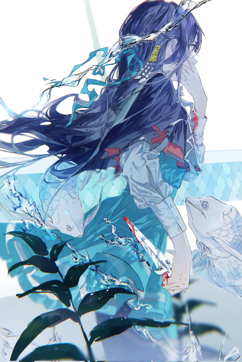 bangs blood blood_on_clothes blood_on_hands blue_eyes blue_hair blue_skirt fish from_behind hair_ornament hand_on_own_cheek hand_on_own_face highres karanagare_4 knife leaf long_hair original plant pleated_skirt shirt sidelocks skirt solo water white_background white_shirt
