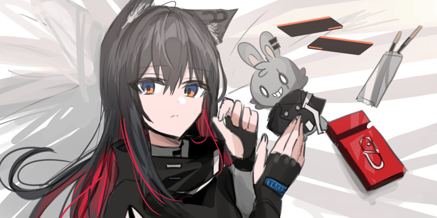 1girl absurdres animal_ear_fluff animal_ears arknights bangs bed_sheet black_capelet black_gloves black_hair blue_eyes capelet chihuri closed_mouth clothes_writing ear_piercing eyebrows_visible_through_hair fingerless_gloves food gloves hair_between_eyes hands_up highres long_sleeves looking_at_viewer lying multicolored_hair on_back piercing pocky redhead solo streaked_hair stuffed_animal stuffed_bunny stuffed_toy texas_(arknights) upper_body