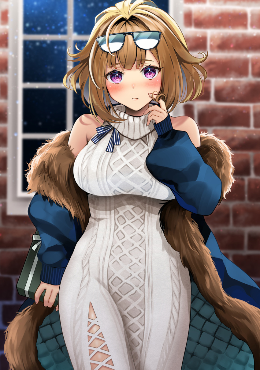 1girl bare_shoulders blush bow box breasts brick_wall brown_hair closed_mouth coat cowboy_shot cross-laced_slit dress eyewear_on_head finger_to_cheek fur_trim gift gift_box girls_frontline grizzly_mkv_(girls'_frontline) hair_intakes highres large_breasts light_frown long_sleeves looking_at_viewer medium_hair solo striped striped_bow sunglasses sweater sweater_dress turtleneck_dress violet_eyes white_dress window yunamaro