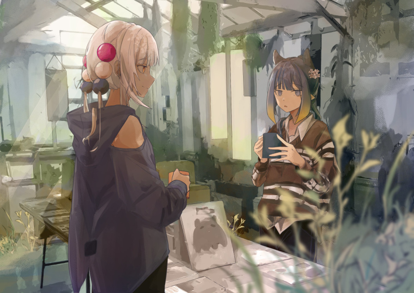 2girls bangs bare_shoulders cup cutewolf1230 dark_skin detached_sleeves foliage greenhouse highres hololive hololive_english hood hoodie light_rays looking_at_viewer low_twintails mug multiple_girls ninomae_ina'nis planet_hair_ornament plant purple_hair shirt striped striped_sweater sweater tako_(ninomae_ina'nis) tentacle_hair tsukumo_sana twintails violet_eyes virtual_youtuber white_hair white_shirt yellow_eyes