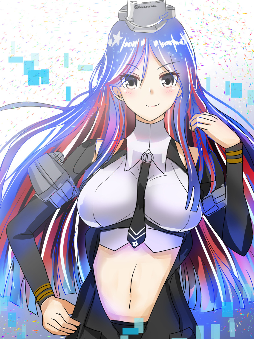 1girl absurdres bangs black_neckwear blue_hair breasts doradorazz headgear highres jacket kantai_collection large_breasts long_hair looking_at_viewer midriff multicolored_hair necktie open_clothes open_jacket parted_bangs redhead sleeveless smile solo south_dakota_(kancolle) white_hair