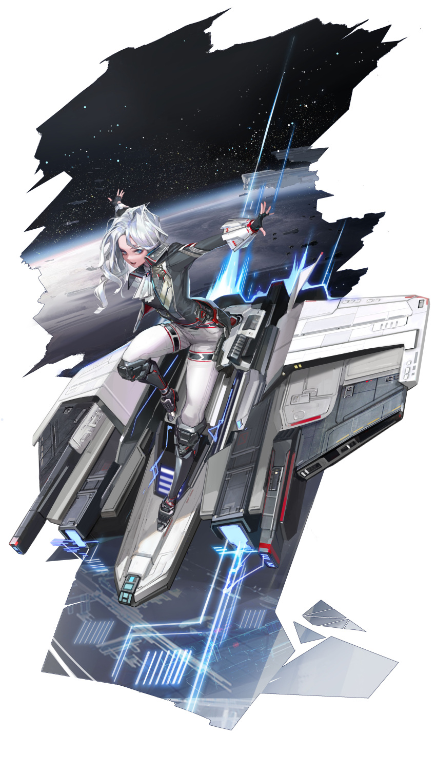 1girl absurdres black_gloves blue_eyes boots fingerless_gloves gloves highres infinite_lagrange long_hair long_sleeves open_mouth pants personification sky smile solo space space_craft star_(sky) starry_sky stingray_(infinite_lagrange) vexxxxa white_hair white_pants wide_shot