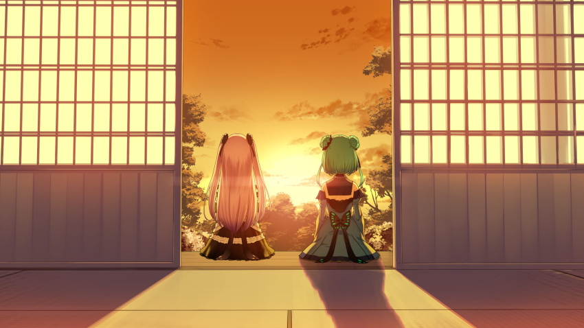 blue_dress commentary_request double_bun dress dual_persona from_behind green_hair highres hololive long_hair pink_hair sitting sky solo sunset tree uruha_rushia virtual_youtuber yasuyuki