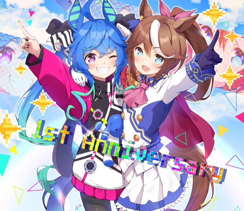 2girls :d @_@ animal_ears anniversary arm_up ascot asymmetrical_gloves bangs blue_eyes blue_gloves blue_hair blue_sky brown_hair clouds cloudy_sky commentary day drawstring english_commentary epaulettes eyebrows_visible_through_hair gloves grin hair_between_eyes hair_ribbon hand_on_another's_shoulder high_ponytail highres horse_ears horse_girl horse_tail jacket long_hair long_sleeves mismatched_gloves multicolored_hair multiple_girls one_eye_closed outdoors outstretched_arm pilokey pink_ascot pink_ribbon pixelated pleated_skirt pointing ponytail puffy_long_sleeves puffy_sleeves ribbon single_epaulette skirt sky smile sparkle streaked_hair stuffed_animal stuffed_bunny stuffed_toy tail tokai_teio_(umamusume) twin_turbo_(umamusume) twintails umamusume very_long_hair violet_eyes white_gloves white_hair white_jacket white_skirt
