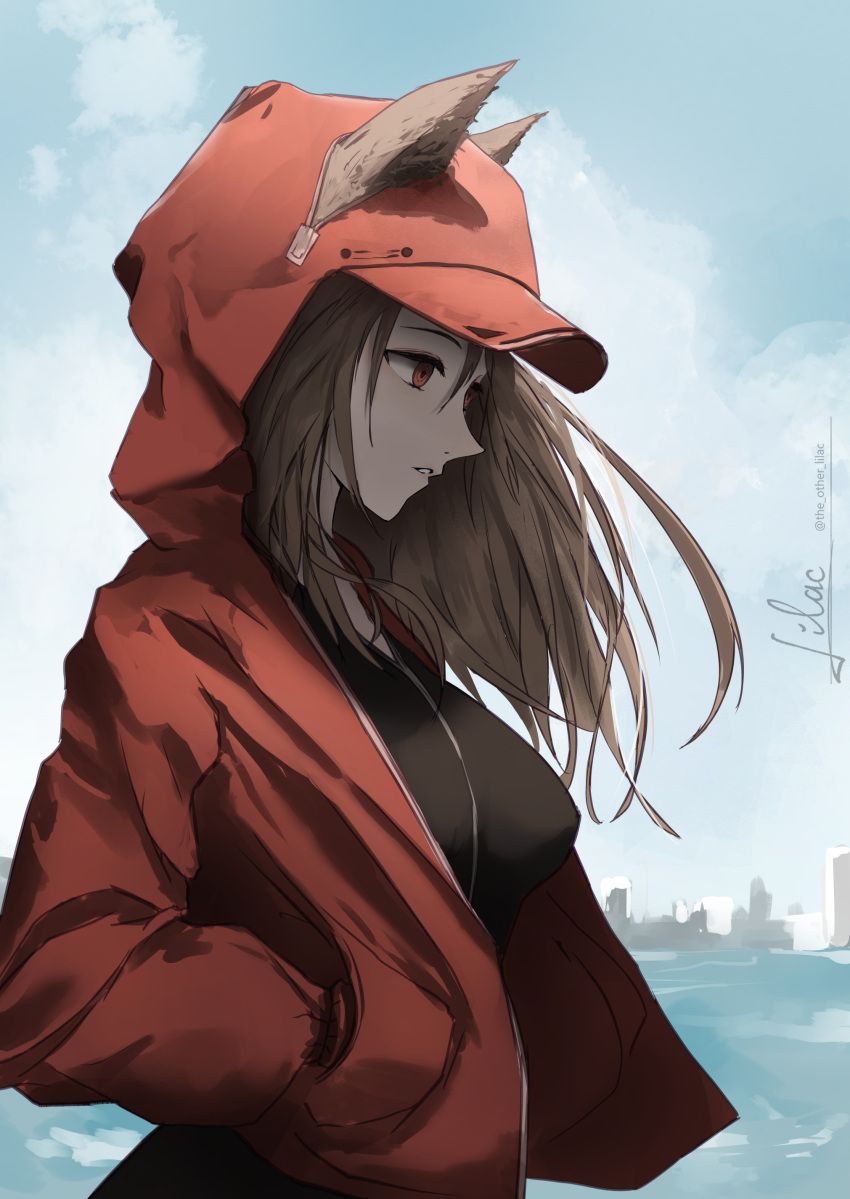 1girl absurdres animal_ears arknights black_swimsuit breasts ears_through_headwear from_side grey_hair highres hood hood_up hooded_jacket jacket long_hair looking_down medium_breasts one-piece_swimsuit open_clothes open_jacket outdoors parted_lips profile projekt_red_(arknights) projekt_red_(light_breeze)_(arknights) red_eyes red_jacket signature solo swimsuit the_other_lilac twitter_username upper_body wolf_ears