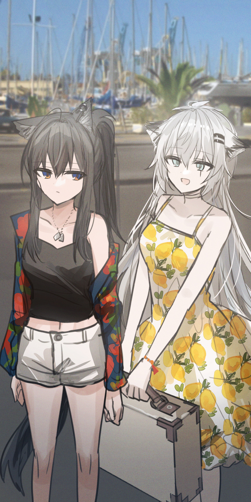 2girls :d absurdres arknights bangs bare_arms bare_shoulders black_camisole black_hair blue_eyes blue_shirt blurry blurry_background camisole chihuri day depth_of_field dress eyebrows_visible_through_hair feet_out_of_frame floral_print grey_hair hair_between_eyes highres holding lappland_(arknights) lemon_print long_hair multiple_girls navel off_shoulder open_clothes open_shirt outdoors ponytail print_dress print_shirt scar scar_across_eye shirt short_shorts shorts sleeveless sleeveless_dress smile standing suitcase texas_(arknights) very_long_hair white_dress white_shorts