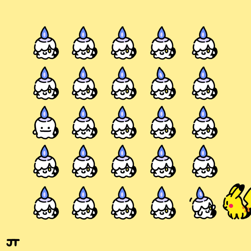 anniversary blue_fire closed_mouth commentary ditto english_commentary fire highres james_turner litwick no_humans pikachu pokemon pokemon_(creature) signature smile transformed_ditto waving yellow_background yellow_eyes