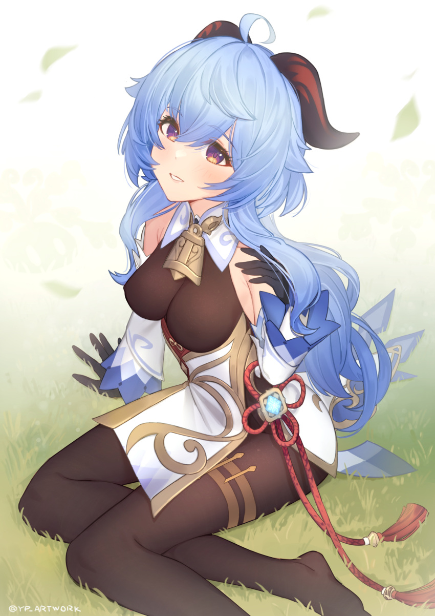 1girl ahoge arm_support bangs bell black_gloves black_legwear blue_hair blush breasts chinese_knot detached_sleeves eyebrows_visible_through_hair feet feet_out_of_frame flower_knot ganyu_(genshin_impact) genshin_impact gloves gold_trim grass highres horns leaf long_hair looking_at_viewer low_ponytail medium_breasts neck_bell no_shoes pelvic_curtain red_rope reward_available rope sidelocks sitting smile solo tassel thighlet thighs violet_eyes vision_(genshin_impact) white_sleeves yellowpaint. yokozuwari