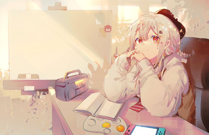 1girl bangs beret braid braided_ponytail eyebrows_visible_through_hair hair_between_eyes hair_ornament hairclip hands_up hat highres indie_virtual_youtuber jacket kurotero long_hair long_sleeves looking_at_viewer nintendo_switch own_hands_together palette_(object) radio red_eyes sitting smile solo twintails warma white_hair white_jacket whiteboard