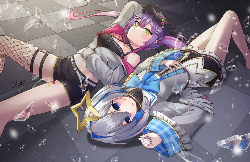 2girls amane_kanata angel_wings bangs black_shorts black_skirt blue_eyes blue_hair blush broken_glass colored_inner_hair commentary_request eyebrows_visible_through_hair fishnet_legwear fishnets frilled_skirt frills garters glass green_eyes grey_jacket hair_between_eyes halo hand_on_own_stomach highres hololive jacket long_sleeves lying multicolored_hair multiple_girls on_back parted_lips pink_hair purple_hair redhead shorts silver_hair single_thighhigh skirt star_halo streaked_hair thigh-highs tokoyami_towa virtual_youtuber wings z.m._(school913102)