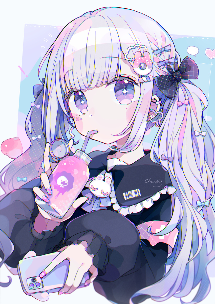 1girl bangs bendy_straw black_bow black_shirt blue_bow blunt_bangs blush_stickers bottle bow cellphone chon_(chon33v) collared_shirt commentary_request cropped_torso drinking_straw ear_piercing earrings frilled_shirt_collar frills hair_bow heart highres holding holding_bottle holding_phone jewelry long_sleeves looking_at_viewer multicolored_hair original phone piercing pink_hair puffy_long_sleeves puffy_sleeves shirt silver_hair sleeves_past_wrists solo streaked_hair twintails upper_body