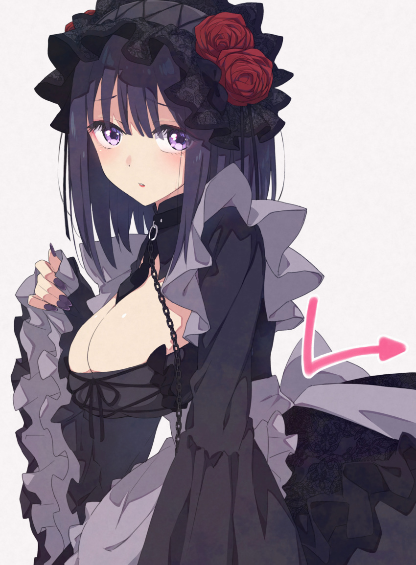 1girl arrow_(symbol) between_breasts black_dress black_hair black_necktie breasts chain chain_leash collar commentary_request dress fingernails frilled_sleeves frills gothic_lolita grey_background headdress highres kuroe_shizuku large_breasts leash lolita_fashion long_fingernails long_sleeves looking_at_viewer medium_hair nail_polish necktie necktie_between_breasts parted_lips purple_nails saipaco simple_background solo sono_bisque_doll_wa_koi_wo_suru violet_eyes wide_sleeves