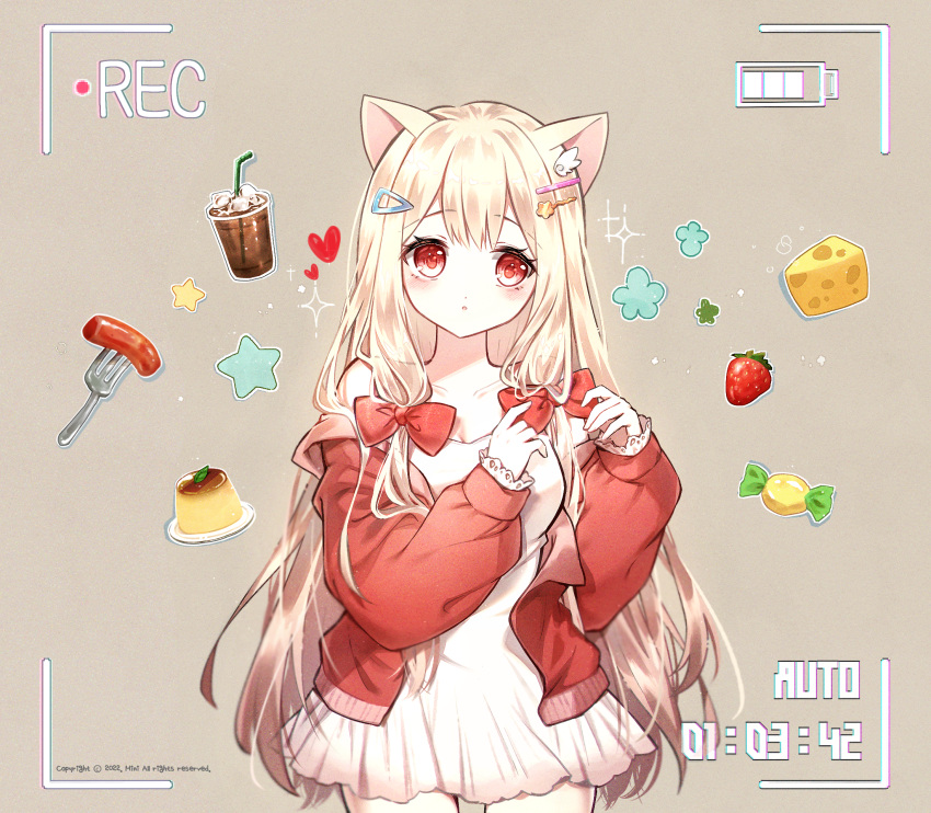 1girl animal_ears bangs bare_shoulders bendy_straw blonde_hair blush bow brown_background candy_wrapper cat_ears cheese collarbone commentary_request commission cup danby_merong disposable_cup dress drink drinking_straw eyebrows_visible_through_hair food fork fruit hair_bow hair_ornament hairclip hands_up heart highres jacket long_hair long_sleeves off_shoulder open_clothes open_jacket original parted_lips pudding puffy_long_sleeves puffy_sleeves red_bow red_eyes red_jacket simple_background sleeveless sleeveless_dress solo sparkle star_(symbol) strawberry very_long_hair viewfinder white_dress