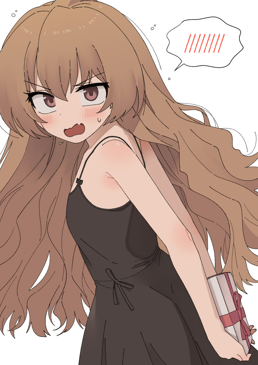 1girl aisaka_taiga armpit_crease arms_behind_back bangs bare_shoulders black_dress blush bow_dress brown_eyes collarbone dress dutch_angle eyebrows_visible_through_hair fang flat_chest from_side gift hair_between_eyes highres holding holding_gift light_brown_hair long_hair looking_ahead nakta open_mouth see-through_silhouette sidelocks simple_background solo spaghetti_strap spoken_blush standing sweatdrop toradora! turning_head v-shaped_eyebrows very_long_hair wavy_hair wavy_mouth white_background