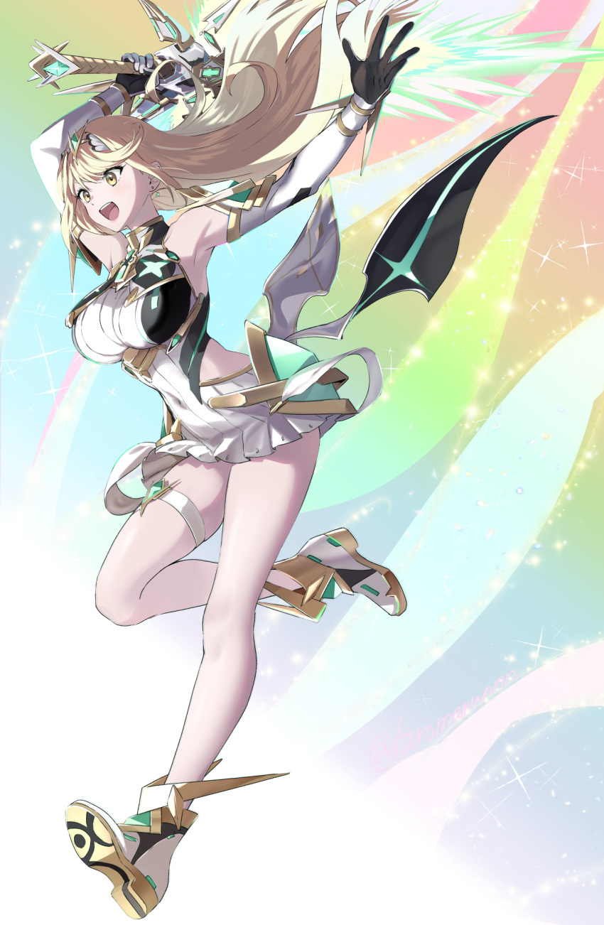 1girl aegis_sword_(xenoblade) ankle_boots armpits arms_up bangs bare_legs bare_shoulders blonde_hair boots breasts commentary_request dress earrings elbow_gloves full_body gloves highres holding holding_sword holding_weapon jewelry large_breasts misu_kasumi mythra_(xenoblade) open_mouth short_dress smile solo swept_bangs sword teeth thigh_strap tiara upper_teeth weapon white_dress white_footwear white_gloves xenoblade_chronicles_(series) xenoblade_chronicles_2 yellow_eyes
