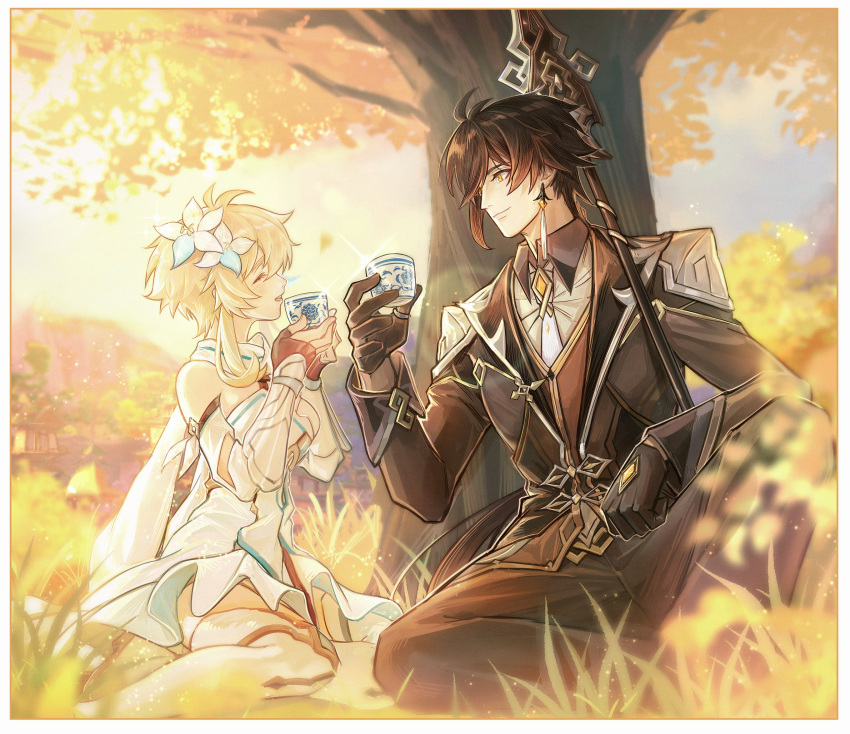 1boy 1girl bangs black_gloves black_hair black_pants blonde_hair boots breasts brown_hair chinese_commentary closed_eyes coat cup detached_sleeves dress earrings evening flower genshin_impact gloves gradient_hair grass hair_flower hair_ornament hetero highres jewelry leaf long_hair long_sleeves lumine_(genshin_impact) medium_breasts multicolored_hair orange_eyes outdoors pants parted_lips polearm ponytail single_earring sitting sky sparkle spear sumirou-kun thigh-highs thigh_boots tree very_long_hair weapon white_dress white_flower white_footwear zhongli_(genshin_impact)