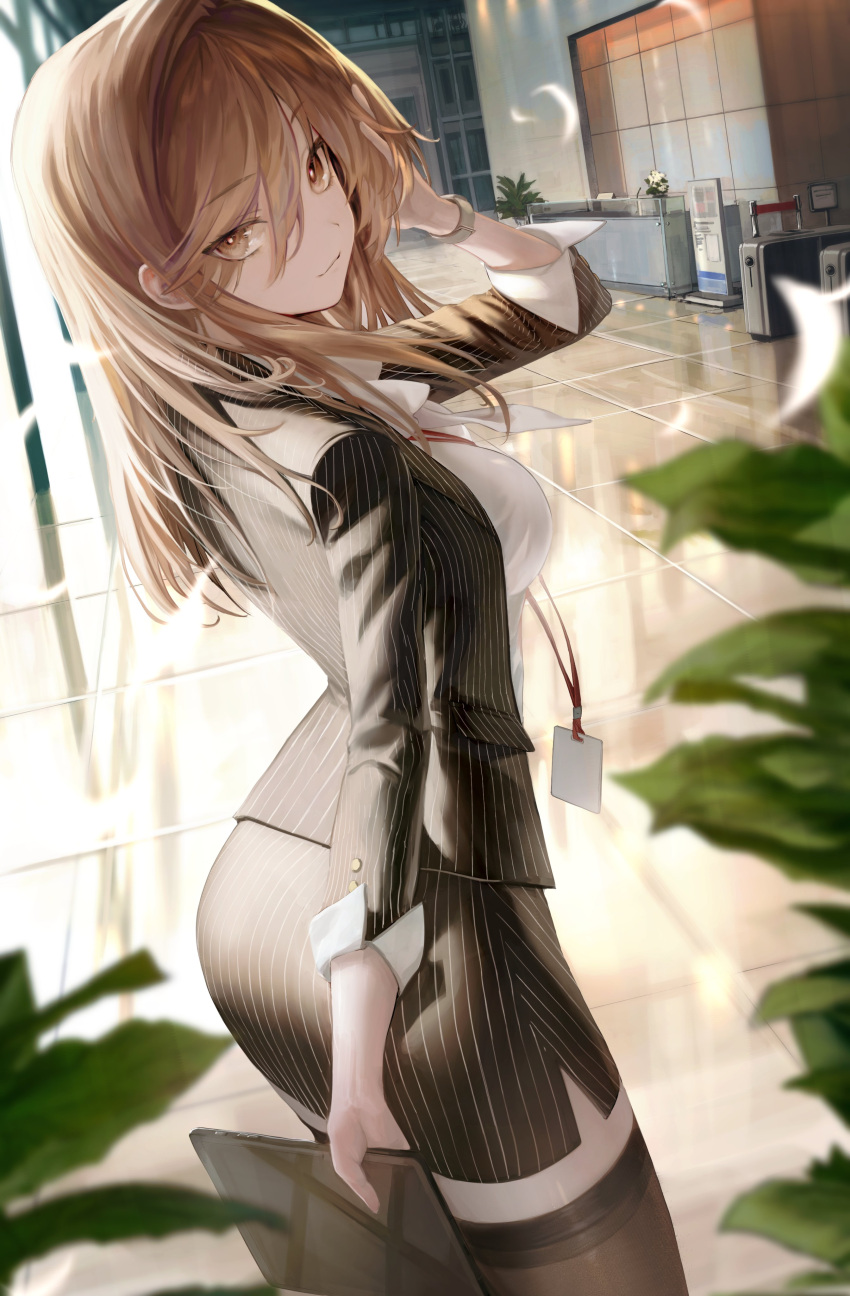 1girl absurdres brown_eyes brown_hair day highres indoors kanashi_kumo long_hair looking_back office_lady original pale_skin petals plant potted_plant side_slit solo thigh-highs zettai_ryouiki
