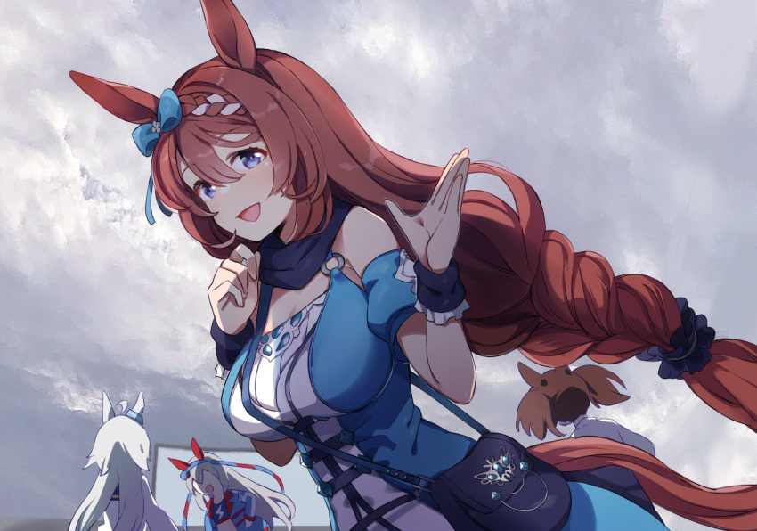 4girls animal_ears bag bangs blue_dress blue_eyes braid braided_ponytail breasts clouds cloudy_sky dress dutch_angle ear_bow horse_ears horse_girl horse_tail inari_one_(umamusume) large_breasts long_hair looking_at_viewer multiple_girls nanaheibei_3 o-ring oguri_cap_(umamusume) open_mouth shoulder_bag sky sleeveless sleeveless_dress smile solo_focus super_creek_(umamusume) tail tamamo_cross_(umamusume) umamusume wristband