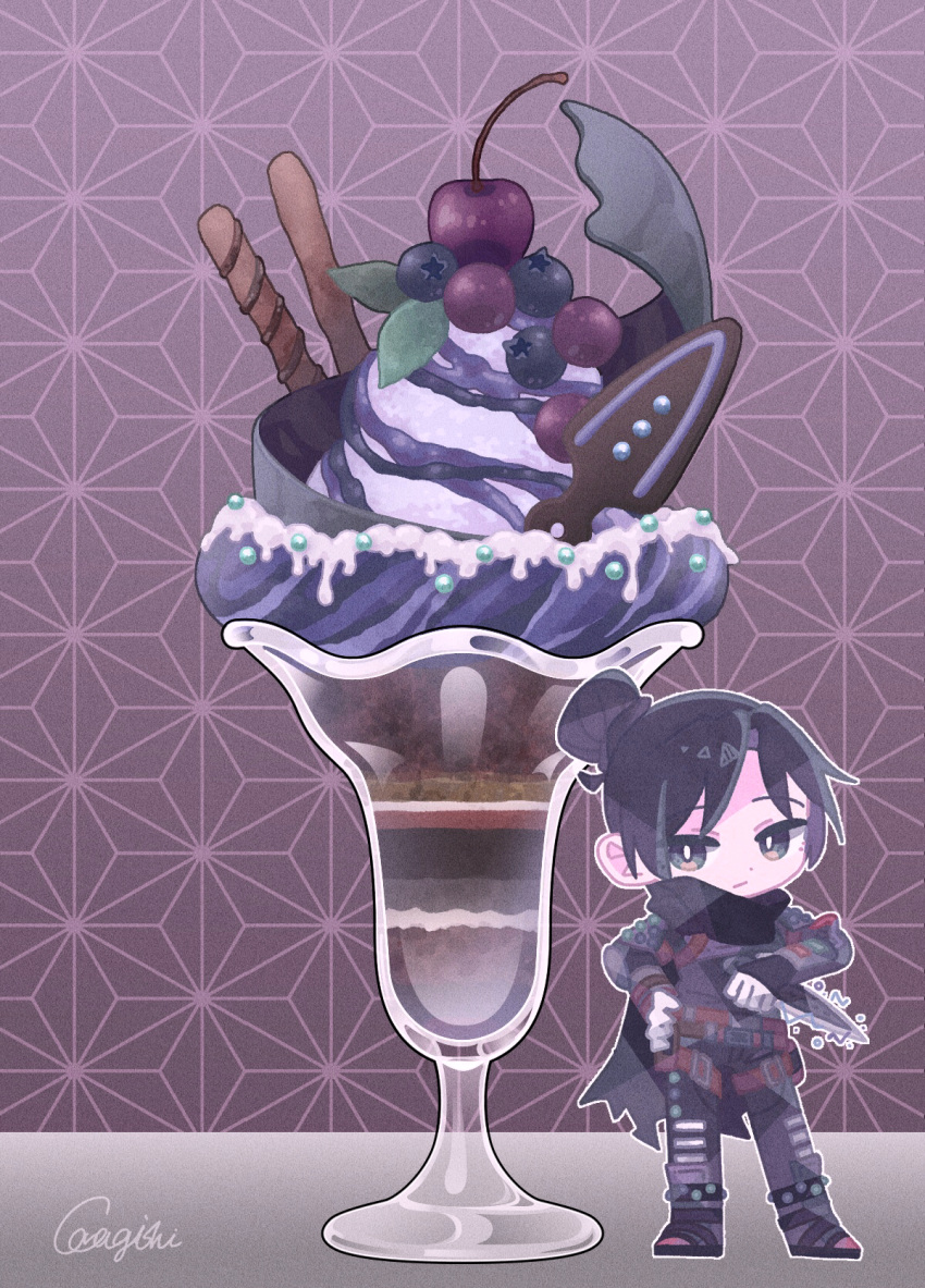 1girl apex_legends bangs black_bodysuit black_hair black_scarf blue_eyes bodysuit cfcult7825 cherry chibi eyebrows_behind_hair food food_focus fruit hair_bun highres holding holding_knife ice_cream knife kunai minigirl scarf signature solo sundae weapon wraith's_kunai wraith_(apex_legends)