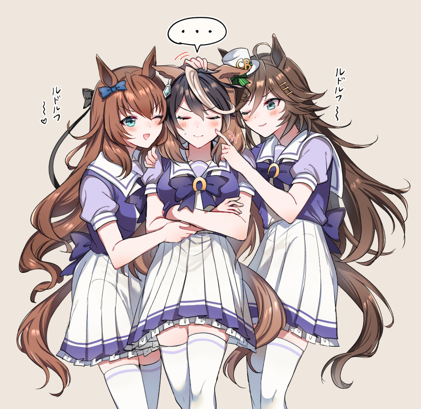 ... 3girls absurdres ahoge animal_ears bangs blush breasts brown_hair cheek_poking closed_eyes closed_mouth crossed_arms ear_bow feet_out_of_frame girl_sandwich green_eyes grey_background hand_on_another's_shoulder hat highres horse_ears horse_girl horse_tail long_hair maruzensky_(umamusume) medium_breasts mini_hat mini_top_hat mr._c.b._(umamusume) multicolored_hair multiple_girls narusawa_(njzc2582) one_eye_closed poking puffy_short_sleeves puffy_sleeves purple_shirt sailor_collar sandwiched school_uniform shirt short_sleeves simple_background skirt smile spoken_ellipsis symboli_rudolf_(umamusume) tail thigh-highs top_hat tracen_school_uniform translation_request umamusume white_legwear white_skirt