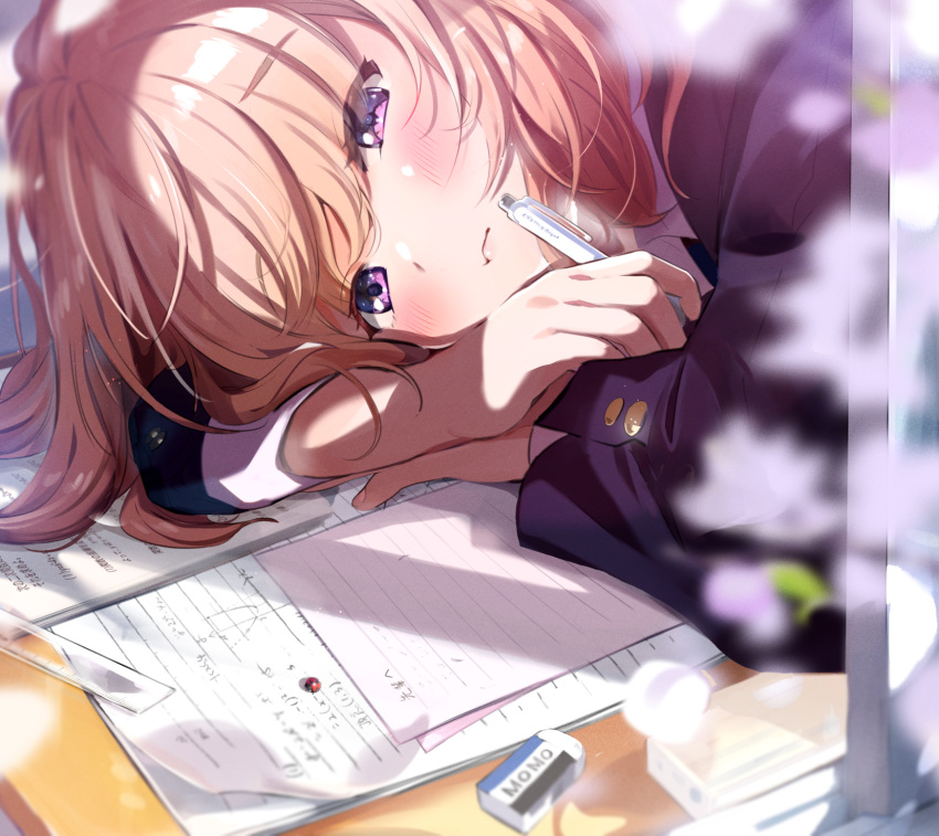 1girl bangs blue_jacket blurry blurry_foreground blush brown_hair bug closed_mouth day eraser eyebrows_visible_through_hair head_rest highres holding holding_pen homework jacket ladybug letter long_hair long_sleeves math original paper pen petals ruler school_uniform shirt solo tasuku_(otomebotan) violet_eyes white_shirt