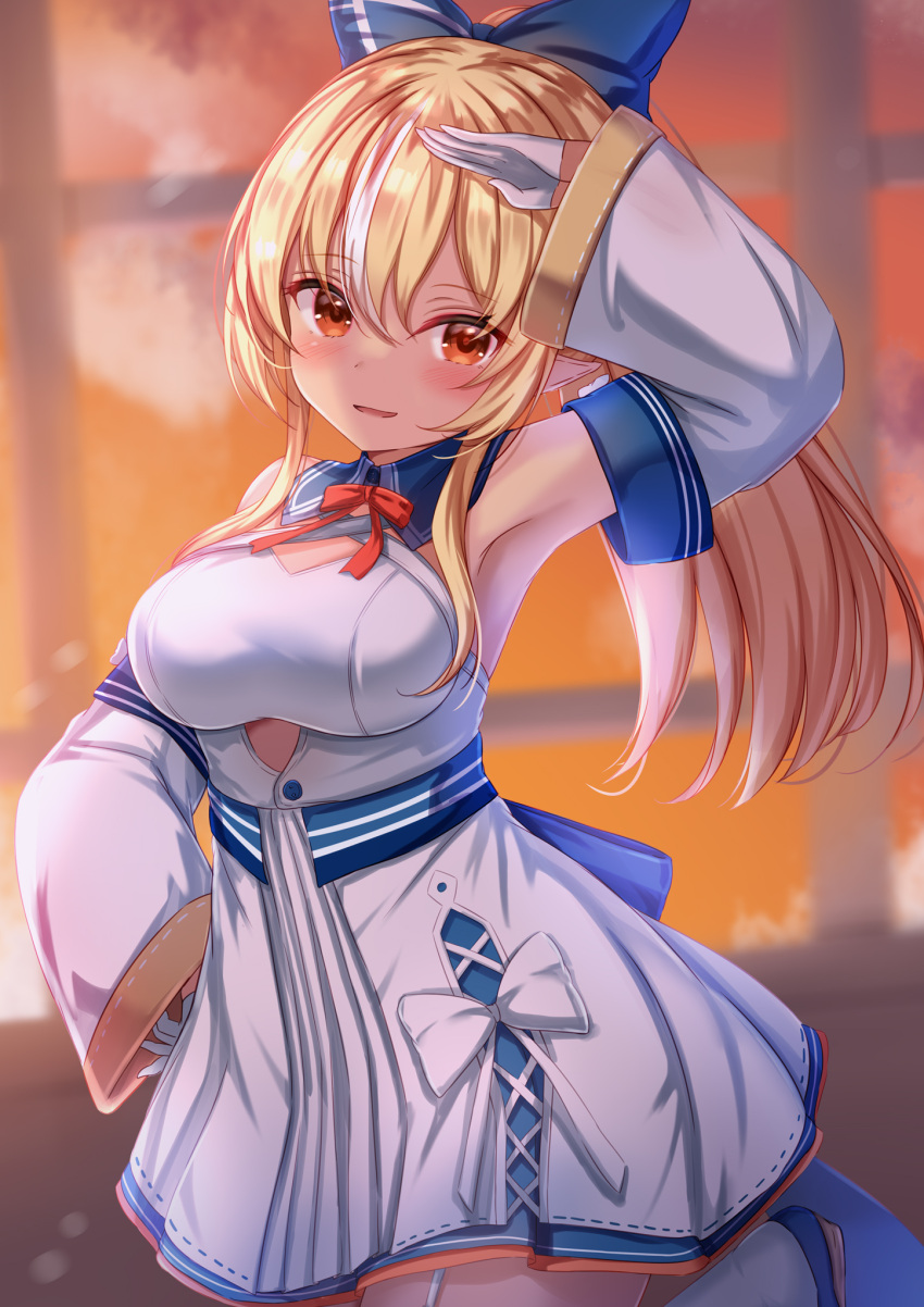 1girl arm_up armpits bangs blonde_hair blue_bow blush bow bowtie breasts commentary_request dark-skinned_female dark_skin detached_sleeves dress elf eyebrows_visible_through_hair garter_straps gloves hair_between_eyes hair_bow highres hololive large_breasts long_hair looking_at_viewer multicolored_hair parted_lips pointy_ears ponytail red_bow red_bowtie red_eyes shiranui_flare smile solo streaked_hair virtual_youtuber white_dress white_gloves white_hair yuano