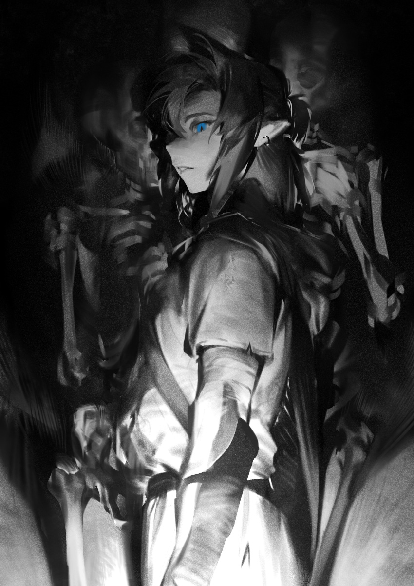 1boy absurdres bandaged_arm bandages blue_eyes commentary dark earrings fldwpfdorlskgdk forehead greyscale hair_between_eyes highres jewelry link looking_down male_focus monochrome pointy_ears pointy_nose shadow short_sleeves skeleton slit_pupils solo the_legend_of_zelda