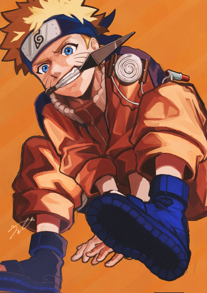 1boy all_fours blonde_hair blue_eyes commentary_request dagger facial_mark forehead_protector fujitachobi highres jumpsuit knife male_focus mouth_hold naruto naruto_(series) orange_jumpsuit sandals simple_background teeth uzumaki_naruto weapon whisker_markings yellow_background