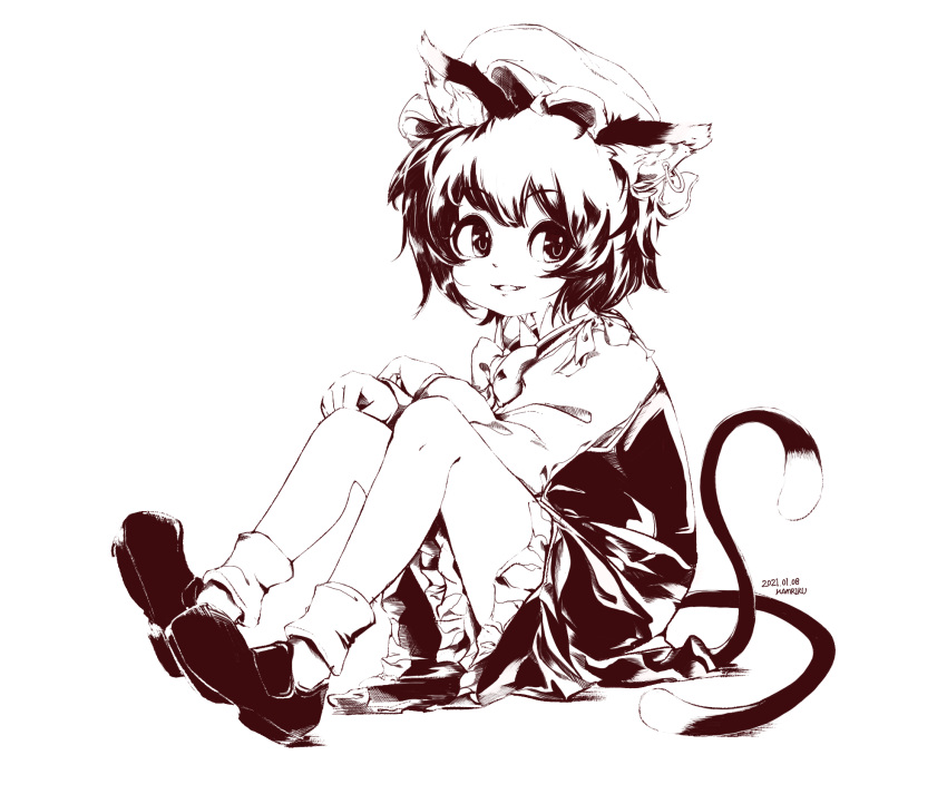 1girl animal_ear_fluff animal_ears bow bowtie cat_ears cat_tail chen dated earrings full_body hamriku hat highres jewelry knees_up long_sleeves looking_to_the_side mob_cap monochrome multiple_tails nekomata petticoat puffy_long_sleeves puffy_sleeves short_hair simple_background single_earring sitting skirt solo tail touhou two_tails white_background