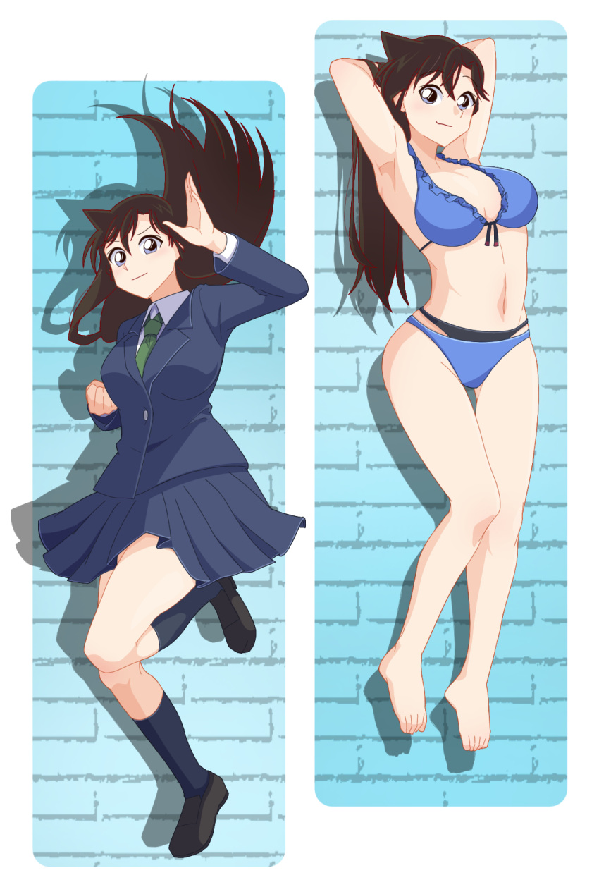 1girl arm_up armpits arms_behind_head arms_up bangs bare_legs barefoot bikini black_footwear black_hair black_legwear blazer blue_bikini blue_eyes blue_jacket blue_skirt character_request copyright_request drop_shadow floating_hair green_necktie hair_between_eyes highres jacket long_hair long_sleeves looking_at_viewer miniskirt multiple_views navel necktie pleated_skirt shoes skirt skirt_set smile stomach swimsuit thighs zuranonaru
