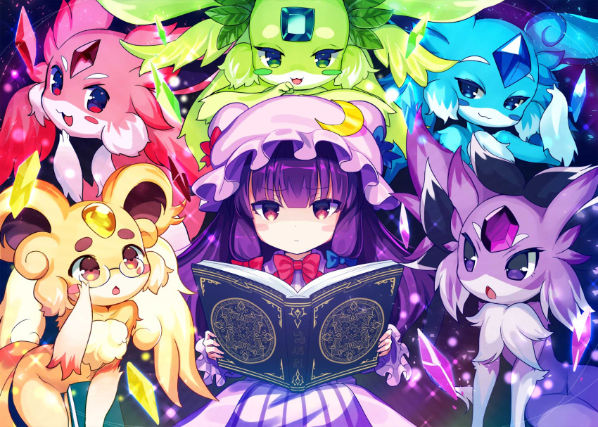1girl :3 blue_eyes blush_stickers book bow brown_eyes carbuncle_(p&amp;d) chestnut_mouth commentary creature crescent crescent_hat_ornament crossover forehead_jewel glasses green_eyes hair_bow hat hat_ornament highres holding holding_book long_hair mob_cap open_book patchouli_knowledge purple_hair puzzle_&amp;_dragons red_eyes shiashiashia3 touhou violet_eyes